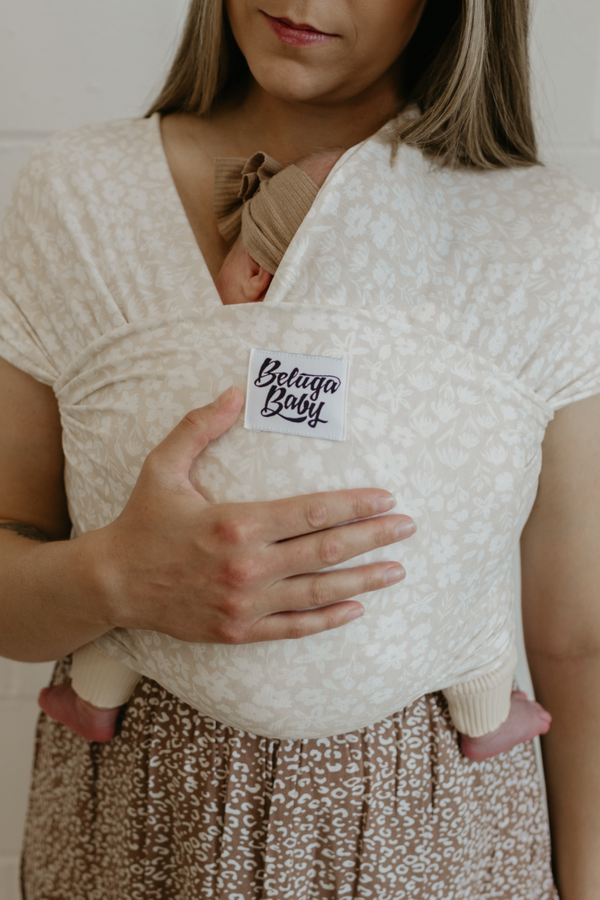 The Alba Mae Beluga Baby Wrap Beige Floral Bamboo Baby Carrier